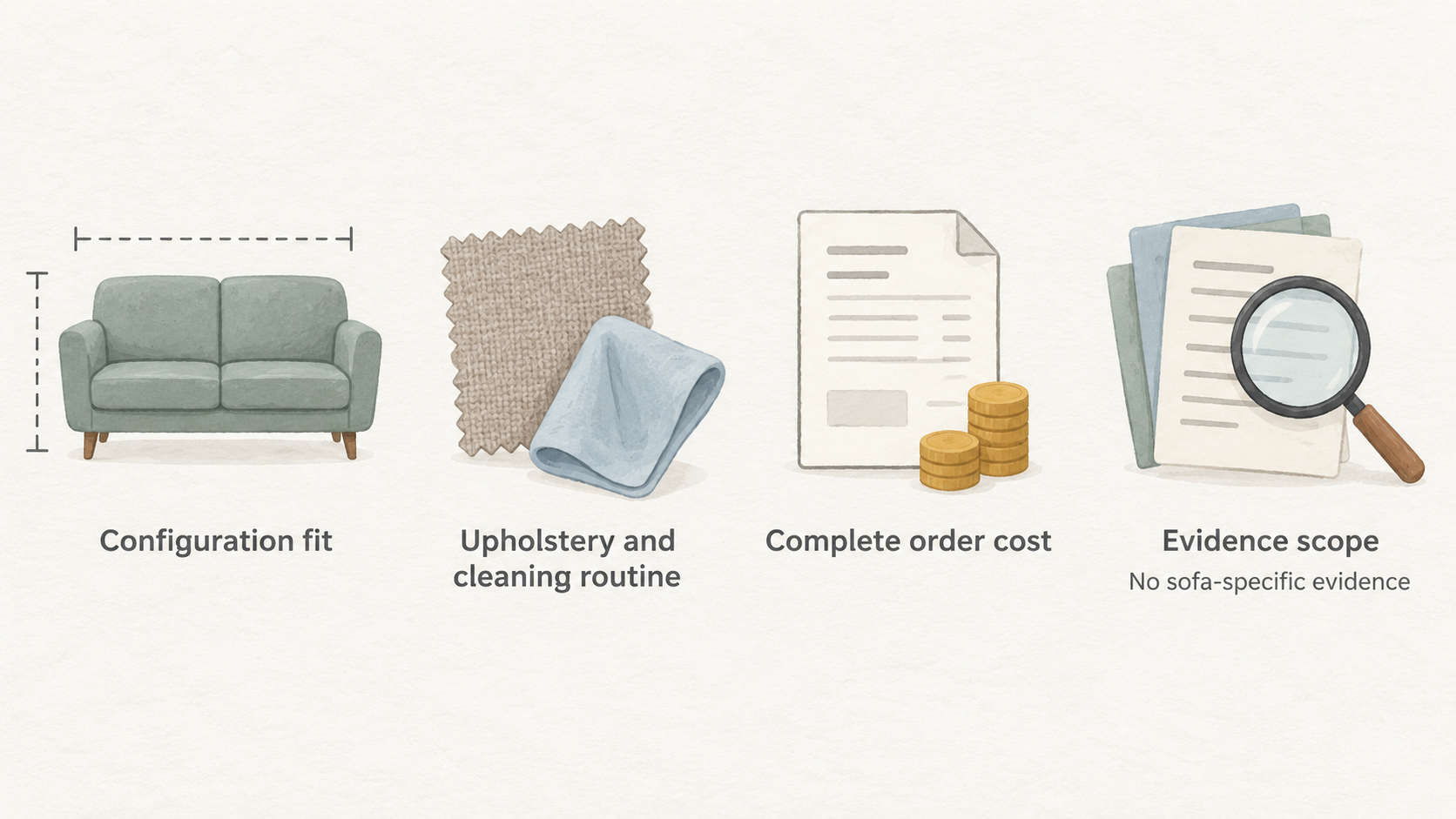 One numbered three-point checklist of the section’s sofa-purchase questions: fit, upholstery cleaning routine, and complete order cost.