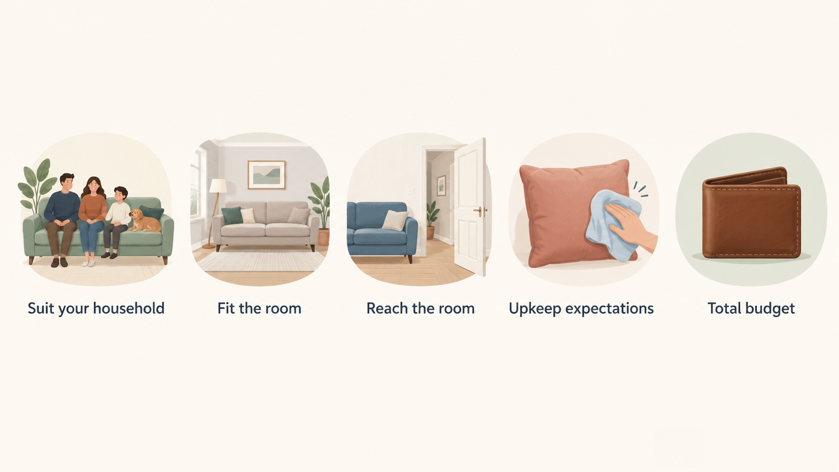 Show the section’s five sofa-choice checks in a numbered checklist.