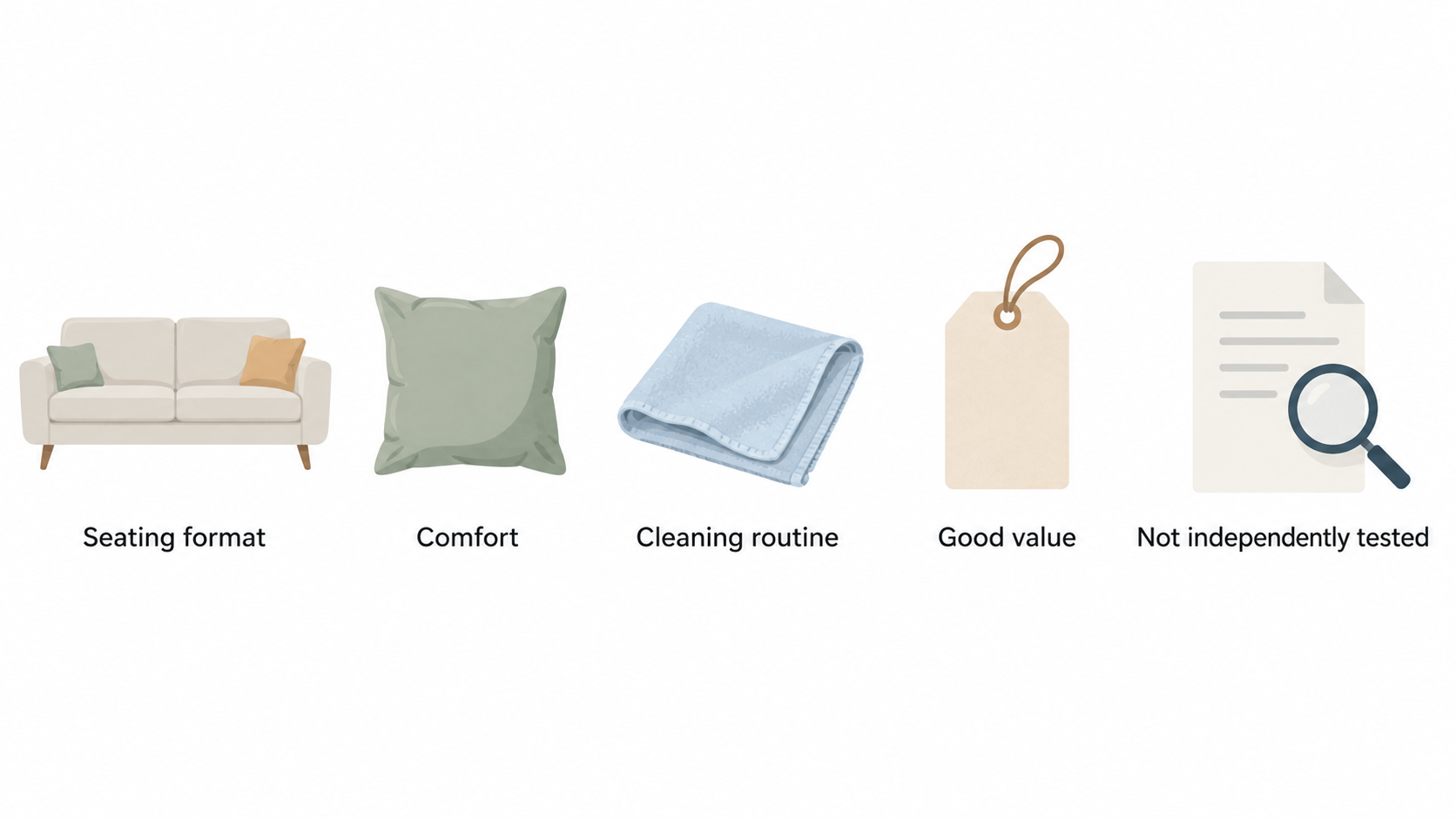 Show a numbered four-point checklist of the research questions stated in this section: room and delivery-route fit, upholstery material, upkeep, and complete order cost.