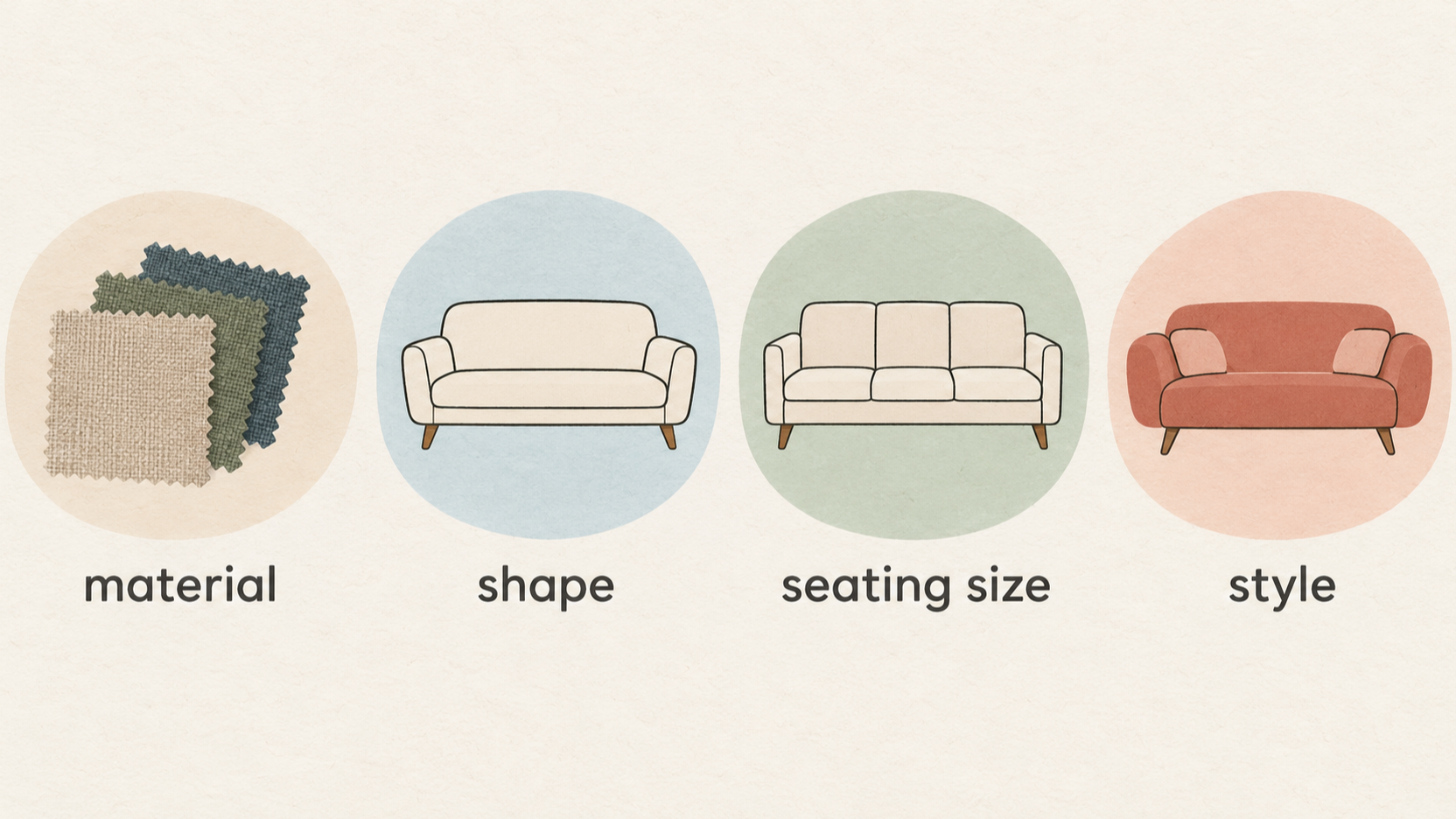 A numbered checklist of the section’s stated checks for assessing an exact sofa: usable room space and delivery access, upholstery information, upkeep, total quoted cost, and