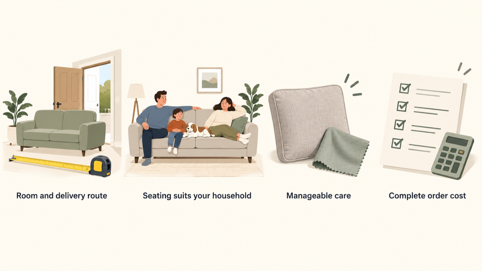 Show a numbered checklist of the section’s four sofa-shortlist checks: room and delivery-route fit, household seating, manageable care requirements, and complete order cost.