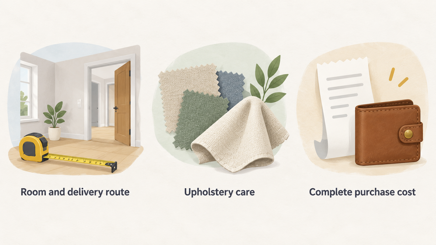 Present the verdict’s three stated shortlist checks as one numbered checklist: room and delivery route fit, manageable upholstery care, and acceptable complete purchase cost.