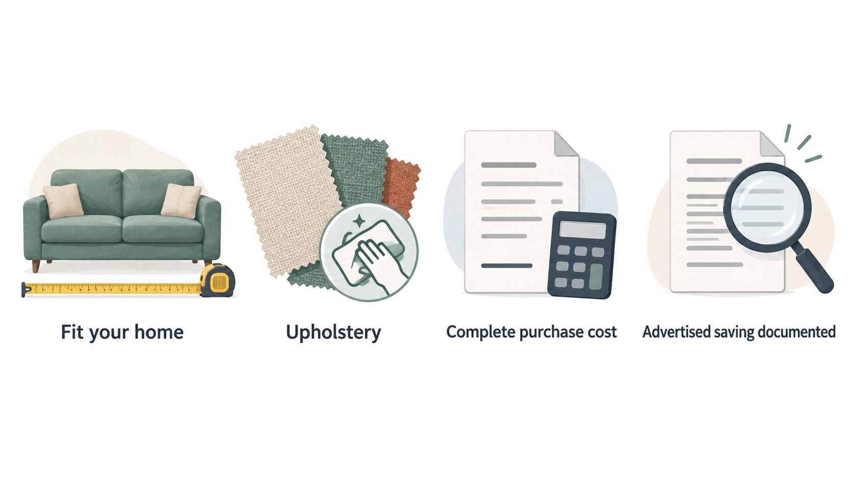 Show the four questions to consider before shortlisting a sofa deal as one row of icons labeled Fit, Upholstery, Complete purchase cost, and Advertised saving documentation.