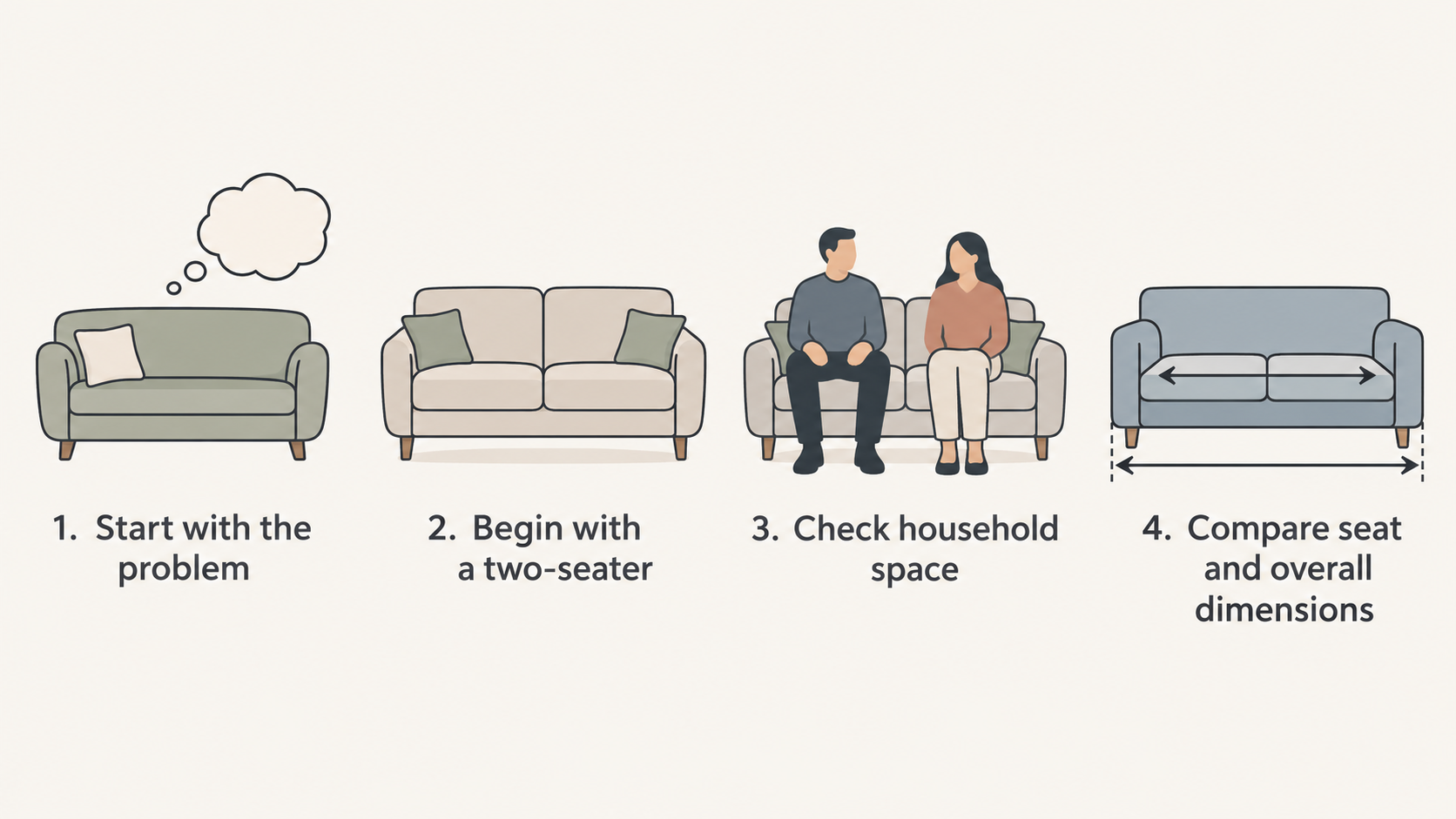 Show four sofa formats stated in the section as a labeled row of neutral silhouettes.