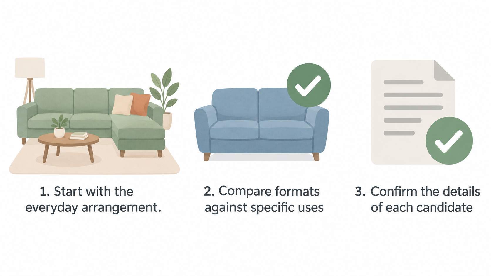 Illustrate the five sofa formats the section names as starting points for browsing, without implying that any format suits a particular household.