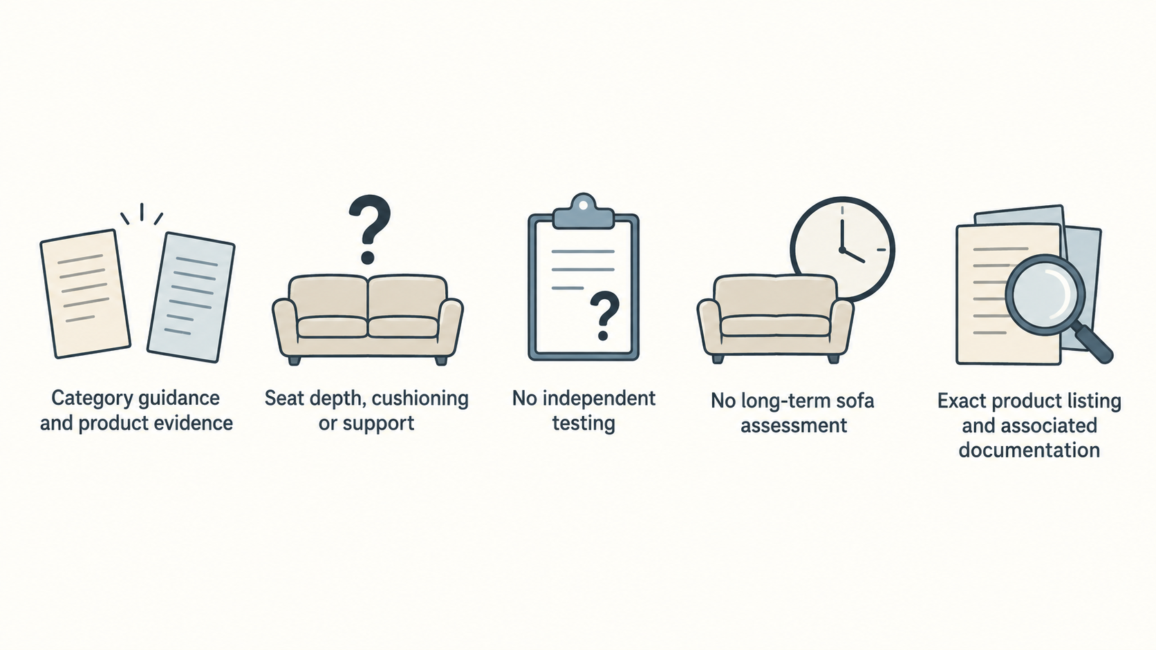 Contrast the category guidance described in this section with the exact-model details it says need separate evidence: upholstery composition, cleaning methods, construction,