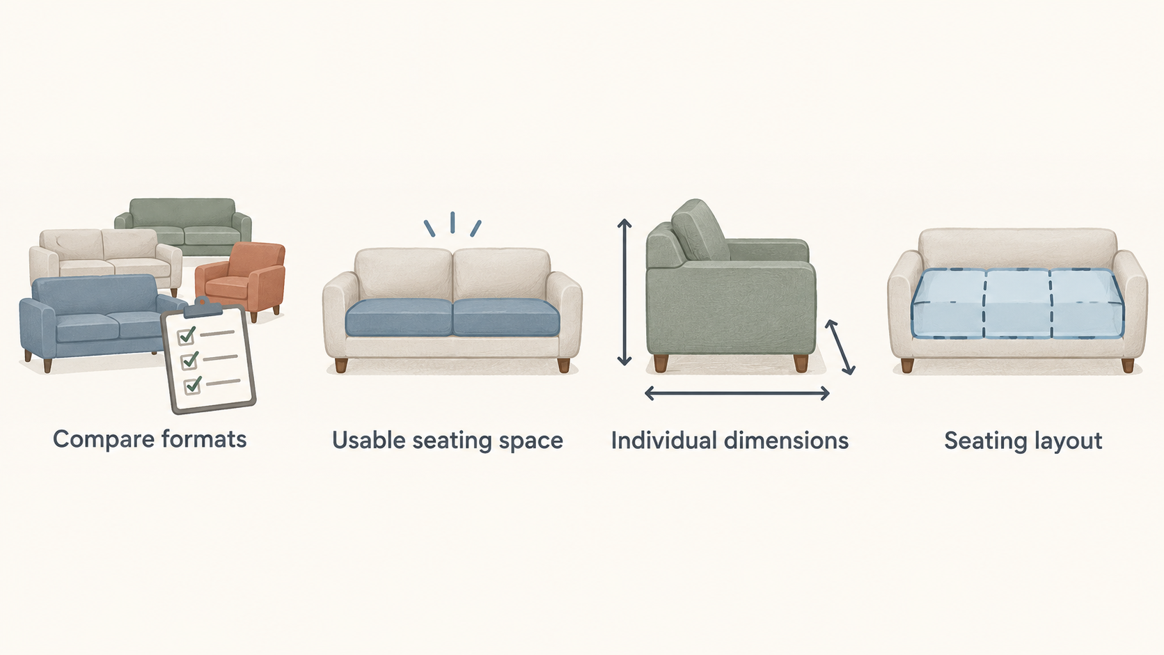 Show the six sofa formats named in the section as a labelled row of simple silhouettes.