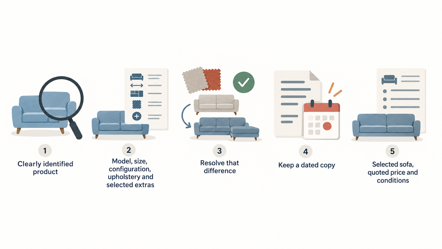 Show a numbered five-step checklist: Identify the exact sofa; Identify the comparison; Record the conditions; Check that the figures match; Request missing information.