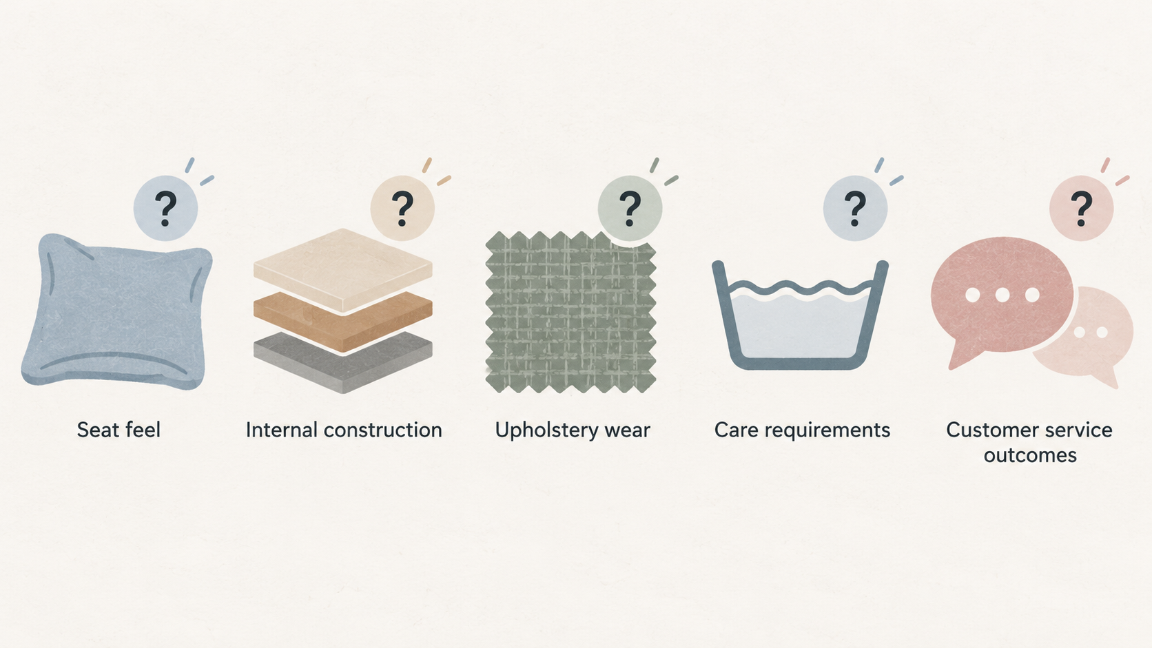 A numbered checklist of five evidence gaps the section says the supplied excerpts do not establish: seat feel, internal construction, upholstery wear or care requirements, customer