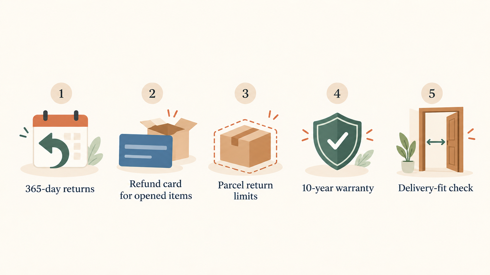 One row of icons summarising the risk-reducing terms to check before committing, as stated in the section