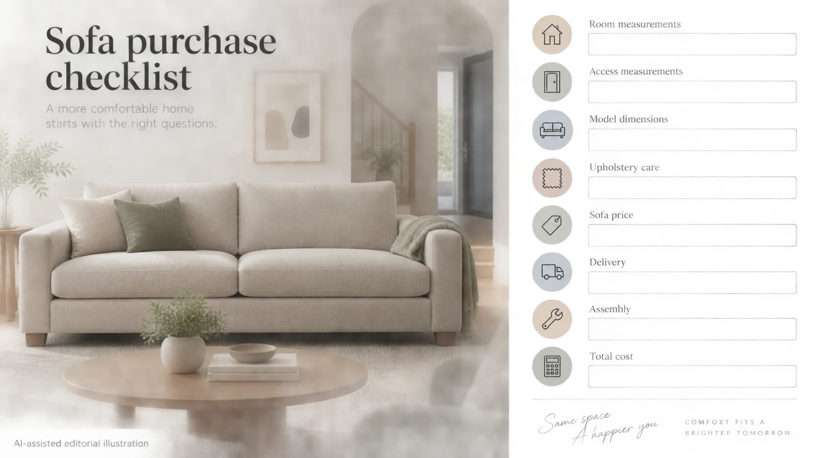 Help readers compare individual IKEA and DFS models using measurements and itemised quotes while leaving unverified information visibly blank