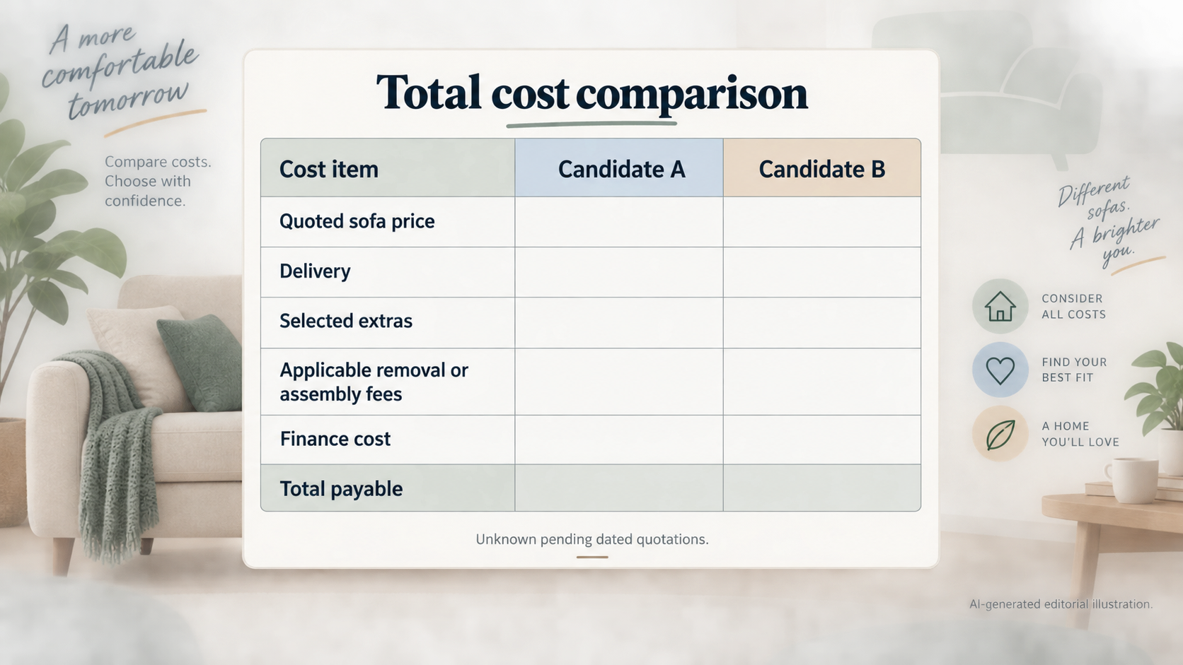 Provide a reusable visual structure for comparing suitable sofas using verified quotations and clearly identified missing costs