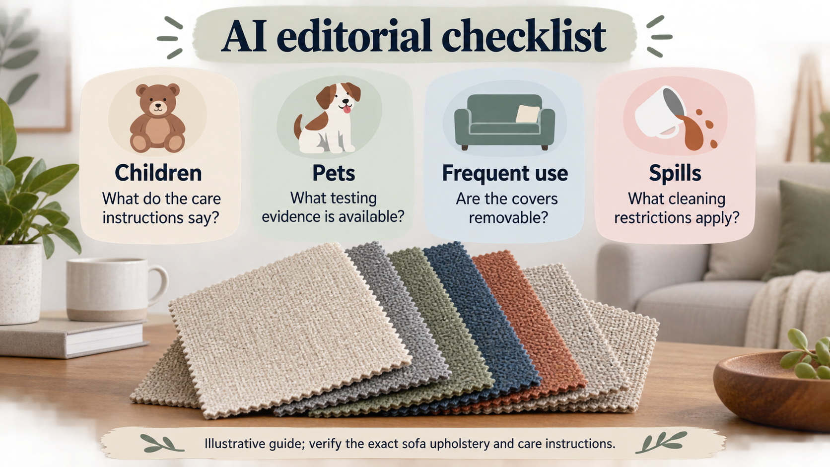 Translate household needs into product-specific upholstery and care checks without implying that any John Lewis sofa or fabric has been evaluated