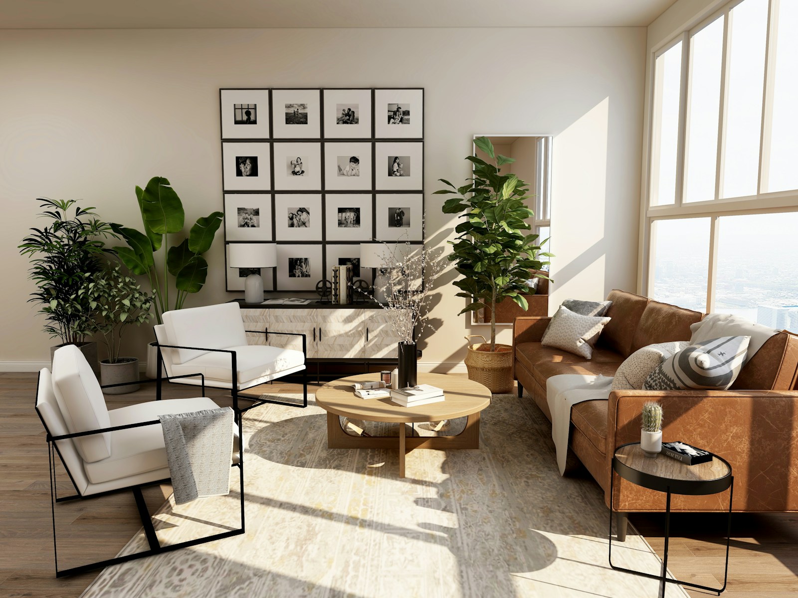 Airy living room with a neutral sofa, wooden furniture and soft daylight