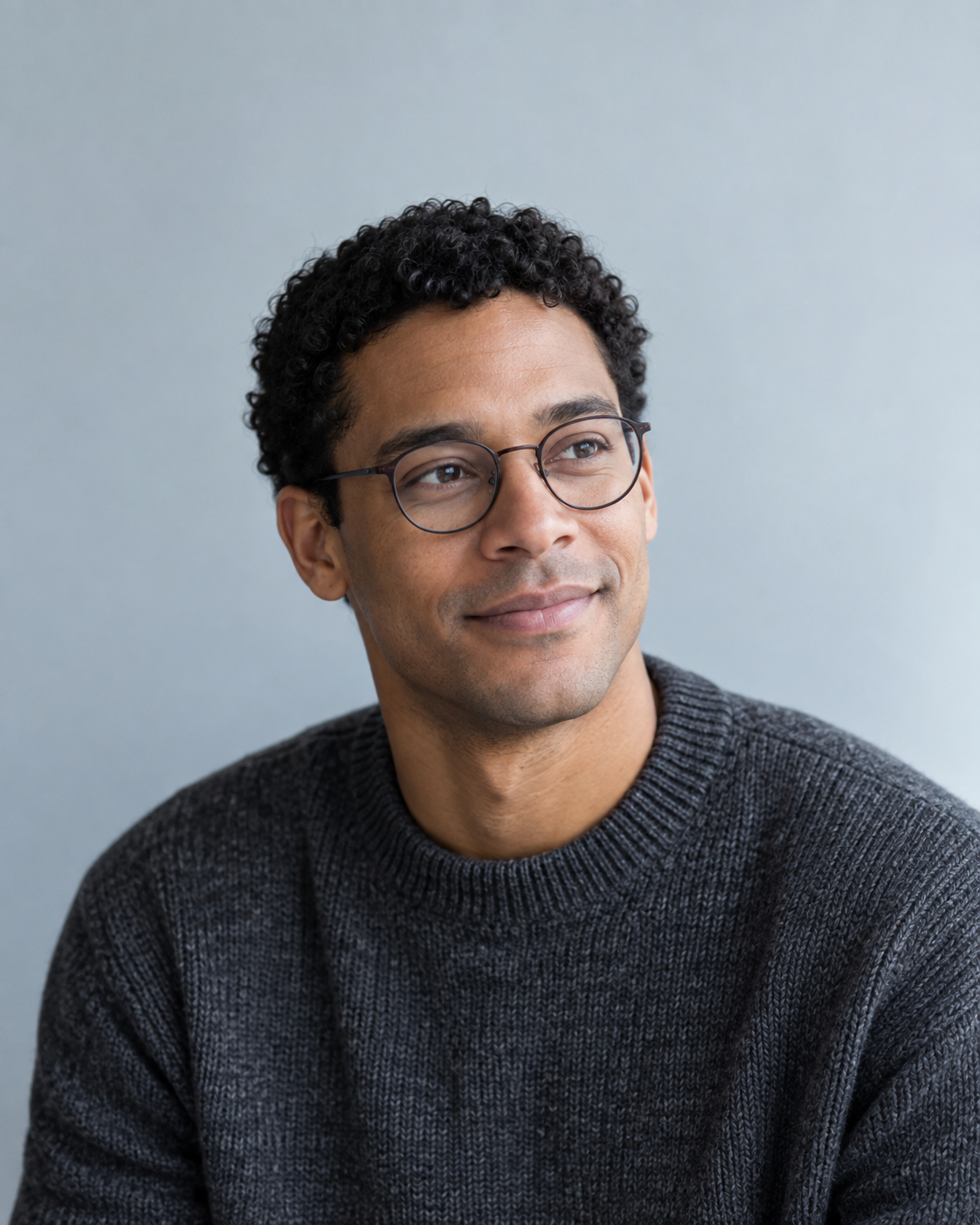 AI-generated editorial portrait of fictional persona Daniel Rowan in a charcoal sweater and round glasses