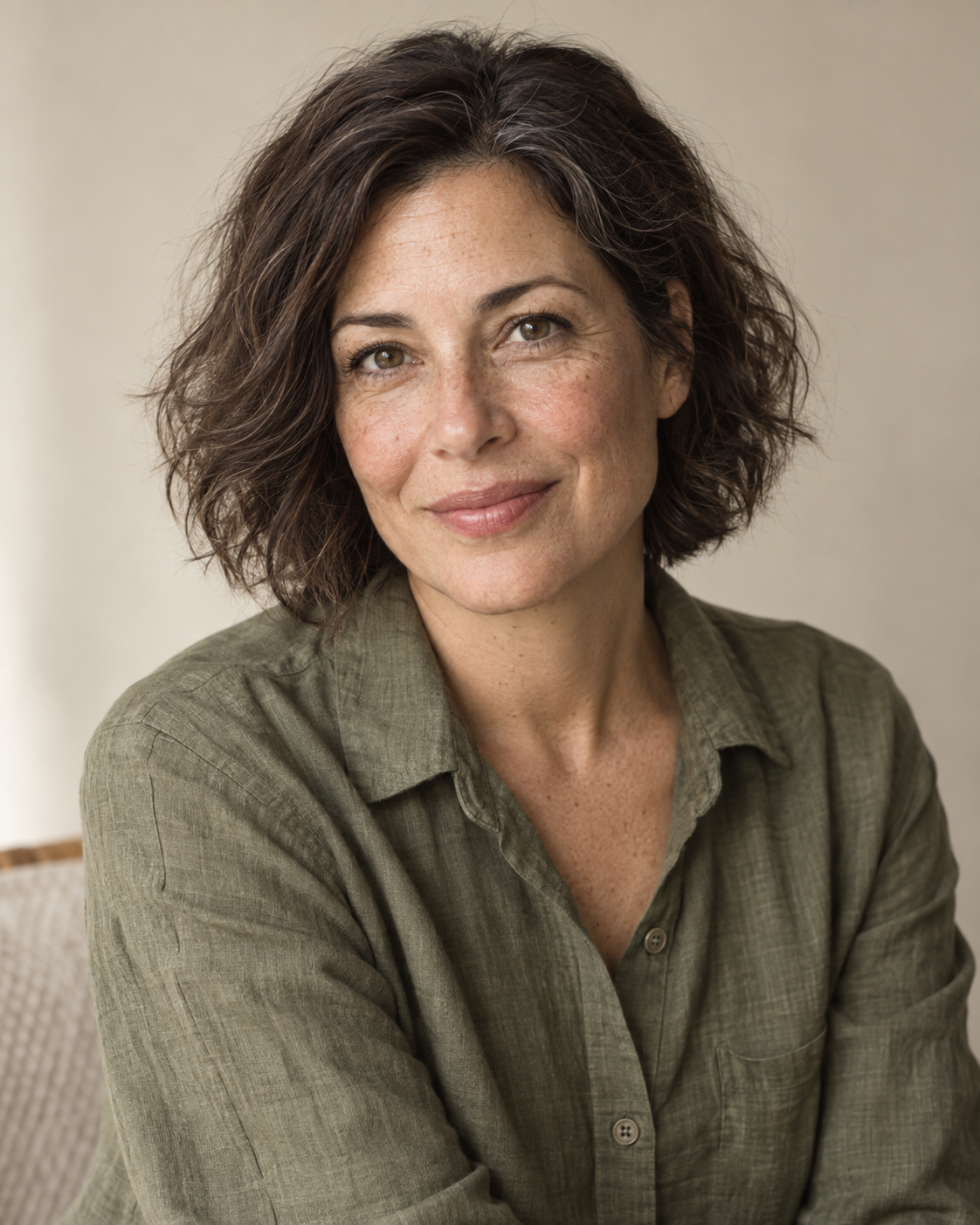 AI-generated editorial portrait of fictional persona Mara Ellison in an olive linen shirt